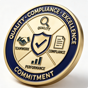 Gold-Plated Brass Medal With Quality Compliance Excellence Theme Die Struck Circular Business Gift - Product Image 2