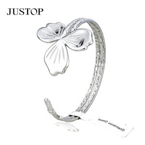 JUSTOP Stainless Steel <b>Cuff</b> <b>Bracelet</b> <b>Silver</b> Plated Flower Pattern Romantic Unisex Fashion Bangle Gift - Product Image 1