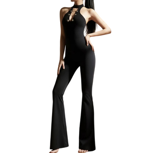 Body de Punto Negro con Cuello en V y Diseño de Parches, Espalda Descubierta con Hebilla Metálica, Mono de Yoga con Piernas Acampanadas, Moldeador, Transpirable y Ecológico - Product Image 1