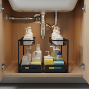 Organizador de Gabinete Extraíble de 2 Niveles, 10.7x14.2 Pulgadas, Cesta de Almacenamiento Debajo del Fregadero, 2 Piezas - Product Image 2