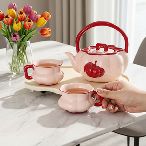 Ensemble <span class=keywords><strong>tasse</strong></span> et soucoupe en céramique colorée pour café et thé, style anglais et éthiopien, pour le thé de l'après-midi, motif citrouille fraîche - Product Image 1