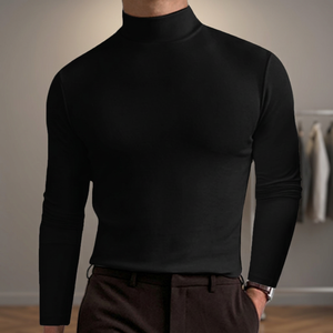 Pull en maille à col roulé pour homme, manches longues, couleur unie, coupe ajustée, style décontracté chic, en coton noir - Product Image 1
