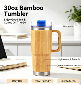 30oz Bamboo Shell Tumbler With Handle Double Wall Vacuum Insulated 304 Stainless Steel Travel <b>Car</b> <b>Mug</b> Eco Friendly Coffee Cup - Product Image 5