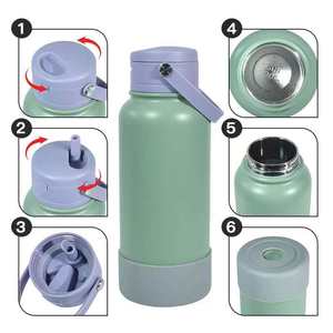 Bouteille d'eau isotherme sous vide en acier inoxydable 32 oz avec logo personnalisé, double paroi, pour sport en extérieur, avec poignée et manchon en silicone pour paille - Product Image 4