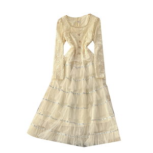 Gaun Midi A-Line Kerah Kotak Gaya Fairycore Musim Panas untuk Wanita, Gaun Jala Bordir Manik-Manik <span class=keywords><strong>Patchwork</strong></span> Empire - Product Image 5