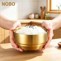Bol à riz portable en acier inoxydable 304 à double paroi isolé, doré et argenté, style coréen, avec couvercles