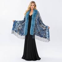Selendang Cetak Paisley Vintage Wanita Kerah Bulu Imitasi Hangat Musim Dingin Boho Cape Ponco Rumbai Multi-Warna Custom OEM ODM Grosir