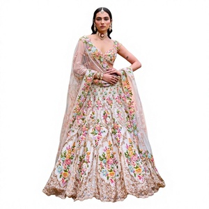 Floral Embroidered Chiffon Lehenga Choli Evening Dress Empire Waist Maxi Sweep Train Heavy Fabric V Neck <b>Bride</b> Party Wear - Product Image 1
