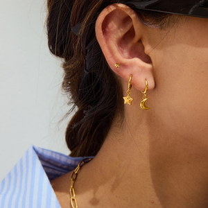 J&D - Juego de 3 Pares de Aretes de Acero Inoxidable con Baño de Oro de 18k, Diseño de Estrella y Luna Martilladas, Versátiles - Product Image 2
