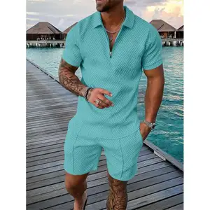 Camisa de manga curta estampada masculina, camisa para homens personalizada, 2 peças, zipper, shorts