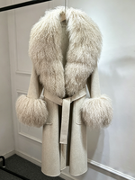 Janveny 2026 Nouvelle Collection Hiver – Manteau en Laine et Cachemire Mélangé avec Vraie Fourrure de Mouton de Mongolie pour Femme, Longueur Genou, à Lacets
