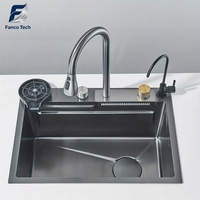 Évier de cuisine moderne encastré noir texture nid d'abeille avec fonction cascade, commande tactile, lave-tasses en acier inoxydable 304, garantie 5 ans