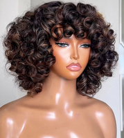 Perruque Cheveux Humains Ondulés Marron Foncé Effet Rebondissant, Perruques Courtes Entièrement Confectionnées à la Machine pour Femmes Noires, Densité 250%, Sans Lacet, Avec Frange