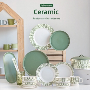 Ensemble de dîner bohème en <span class=keywords><strong>porcelaine</strong></span> ensembles de vaisselle en céramique pour 6 personnes couleur glaçure décalcomanie assiette à soupe bol vert gris marron - Product Image 3