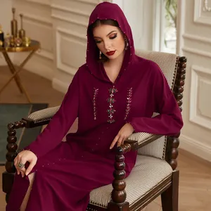 Yeni Abaya Kaftan islam giyim fas tarzı Hoodie abaya el dikili cam taklidi Robe müslüman kadın elbise