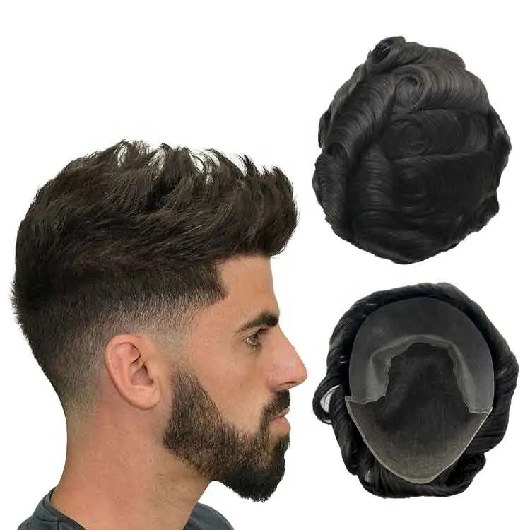 All'ingrosso 100% India capelli umani 1B naturale nero sistema di sostituzione HD Q6 Base di pizzo anteriore uomo parrucche capelli parrucche per uomo