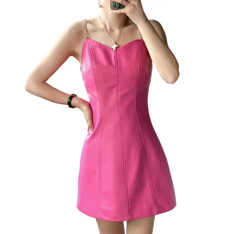 Pink Dress Women Genuine Sheep Leather Dress for Ladies Short Dress