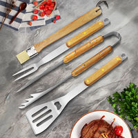 Accessoires de barbecue en bois de caoutchouc et acier inoxydable, ensemble de 4 outils de barbecue avec spatule, fourchette, pinces, brosse à barbecue