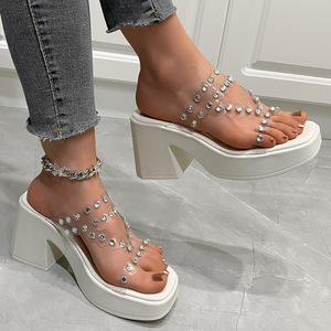 Sandalias de tacón grueso con plataforma y punta cuadrada para mujer, con diamantes de imitación transparentes, estilo mule, sin cordones, para verano - Product Image 2