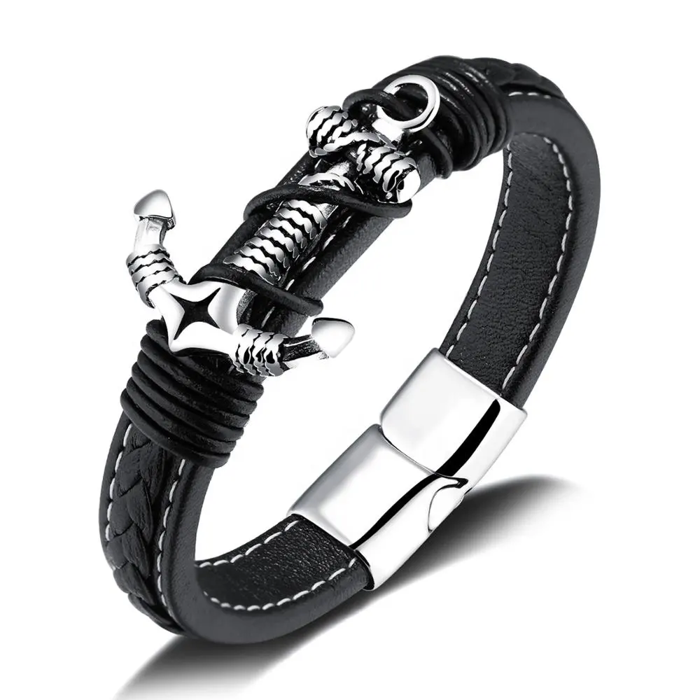 Magnetische Sluiting Gevlochten Lederen Armbanden Gift Christus Gitaar Casual Black Handgemaakte Lederen Kruis Anker Armband Mannen