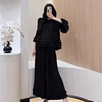Ensemble deux pièces haut et pantalon Miyake plissé, printemps, ample, uni, sans col, manches pétales de perle, style féerique et doux