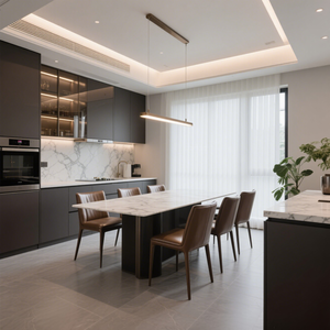 Aparatos eléctricos integrados y gabinetes de vidrio con tiras de luz emparejadas con encimeras de mármol Aparador gris - Product Image 1