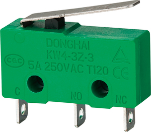 Micro-interrupteur 5A 125/250V AC SPDT 1NO 1NC à levier à charnière métallique, action rapide, type bouton, 3 broches - Product Image 1