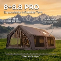 Tente de camping gonflable en coton 8+8,8 m² 4 saisons imperméable en Oxford à colonnes d'air, montage automatique portable, pour 5-6 personnes, double