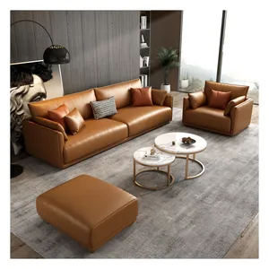 Set sofa kulit asli, furnitur ruang tamu sofa besar sederhana bagian modern untuk sofa kulit