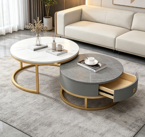 Meubles de salon modernes et luxueux, meuble TV rétractable minimaliste, petite table basse, plateau en marbre, structure en bois, écologique, grand modèle - Product Image 1