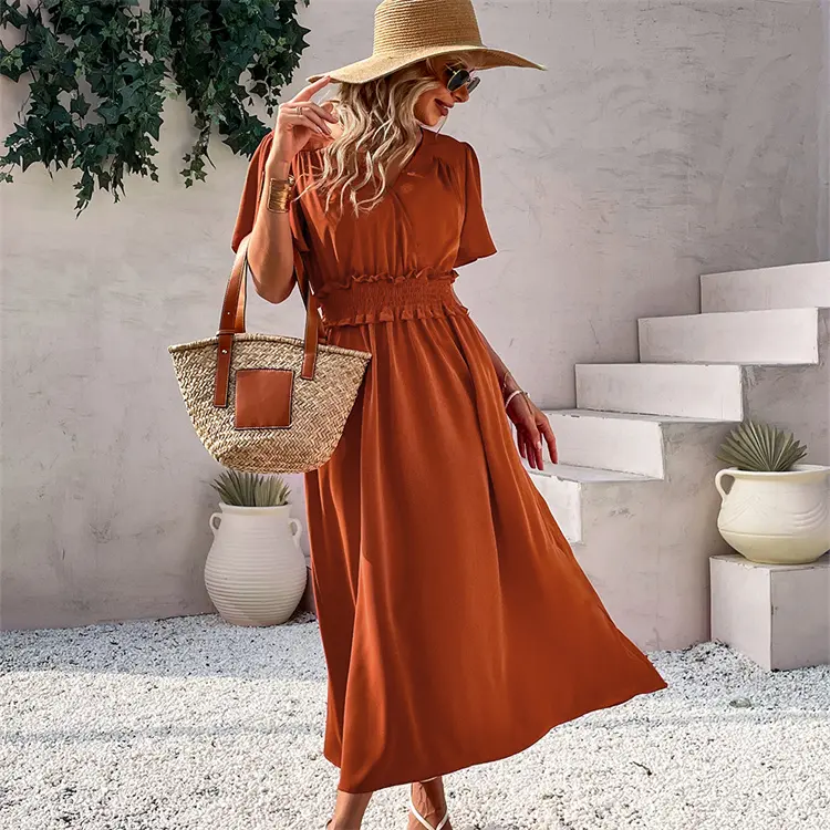 2022 Fashion Summer Solid Color Casual Holiday Women's Modest Party Dresses V neck Midi Short Sleeves Dress