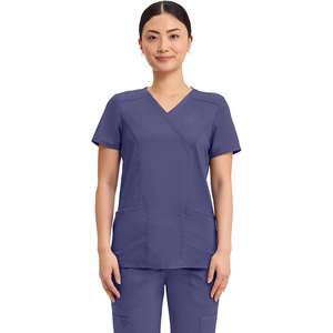 Haut de blouse médicale unisexe à col cache-cœur, 3 poches, extensible dans les deux sens, en tissu sergé durable (polyester + rayonne + élasthanne), pour usage hospitalier - Product Image 1