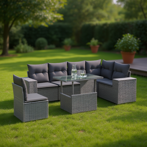 Gray Poly <b>Rattan</b> Garden <b>Sofa</b> Set Powder Coated Steel Frame Tempered Glass Table Outdoor Furniture 6 Seater Contemporary Design - Product Image 2