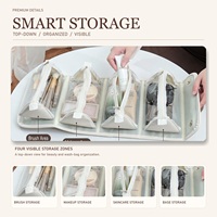 Sac de maquillage élégant à grande capacité avec logo personnalisé, ouverture plate, organisateur de cosmétiques en PU, compartiment transparent, vente en gros, usine OEM
