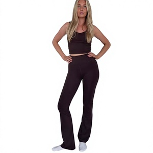 Ensemble de yoga 2 pièces sans couture pour femme, pantalon taille haute longueur intégrale et crop top, marron uni, en coton et élasthanne respirant, col rond - Product Image 1