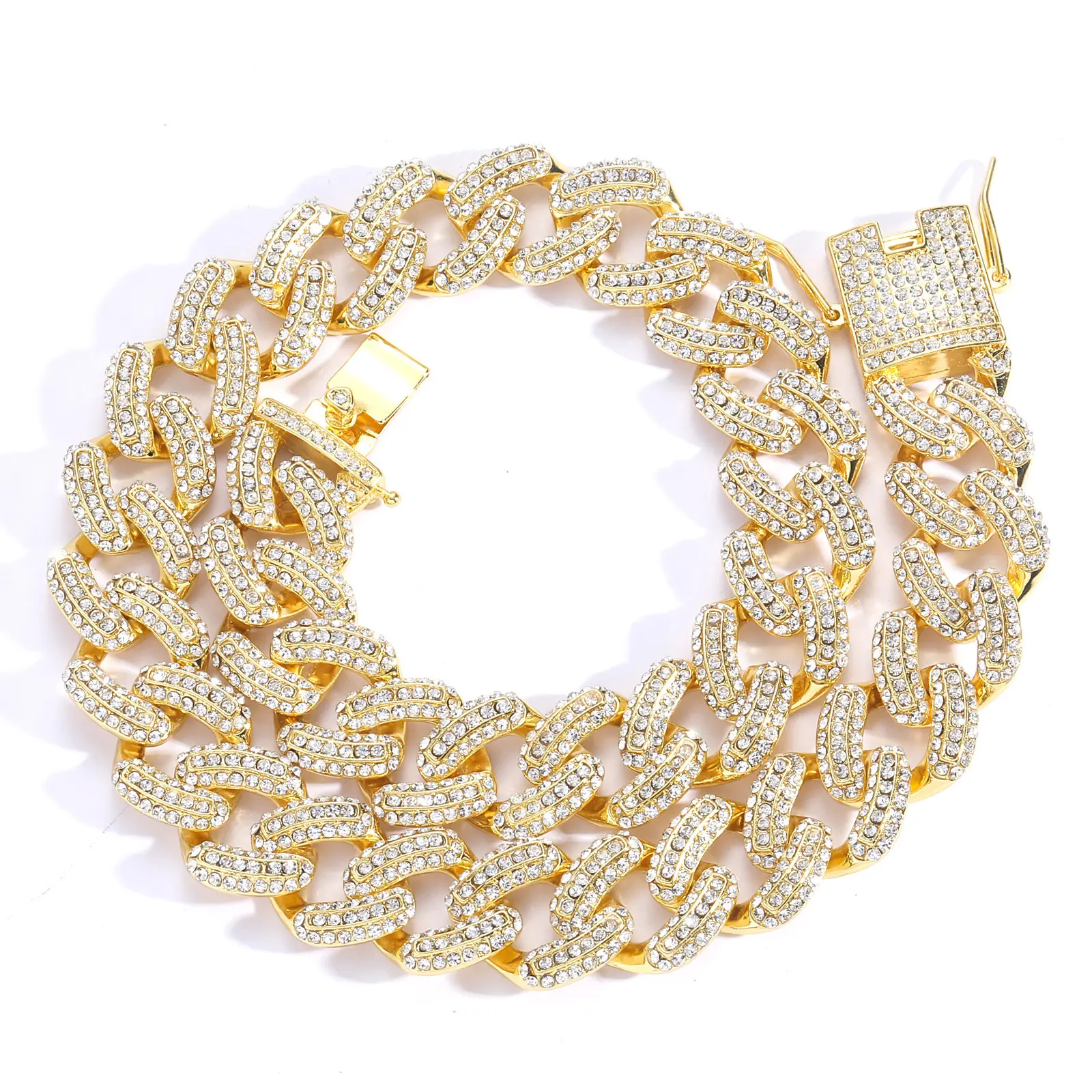 Hot Men's Hip Hop Fashion 19MM Gold Chain Real Diamond Cuban Chain Bracelet Necklace Silver 925 Cuban Link Chain