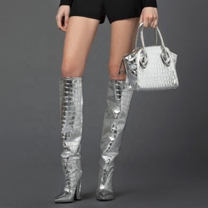 2021 New Model Dress Heel Boots Stone Print <b>Pointed</b> Toe Gold on Calf Boots for Lady Knee High Fashion Shoes Women - Product Image 5