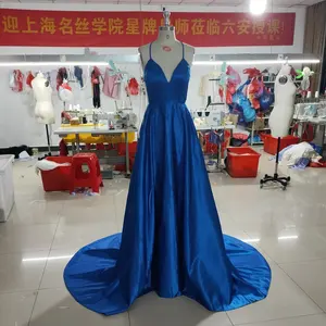 Spaghetti straps Royal Blue Shinny Satin V Neck Long Prom Dresses Custom Made Plus Size Party Dresses