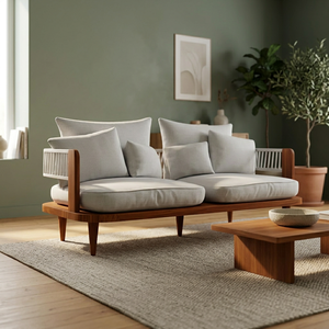 Midcentury Modern Two Seat <b>Sofa</b> With Wooden Frame And Fabric Cushions <b>Pillow</b> Back Design For Living Room - Product Image 3
