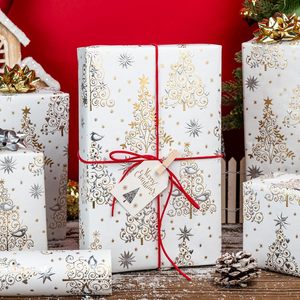 Papier cadeau de Noël avec lignes dorées estampées, motif arbre de Noël et cœur, ruban à découpe arrière, personnalisable - Product Image 1