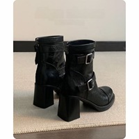 Bottines courtes pour femmes, style rétro grunge urbain, à bout rond, plateforme, talon bloc, en similicuir brillant, très tendance
