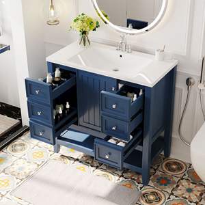 Db 36 In <b>Bathroom</b> Vanity Solid <b>Wood</b> Ceramic Sink One <b>Cabinet</b> Three Drawers Traditional Style Painted Blue Finish - Product Image 5