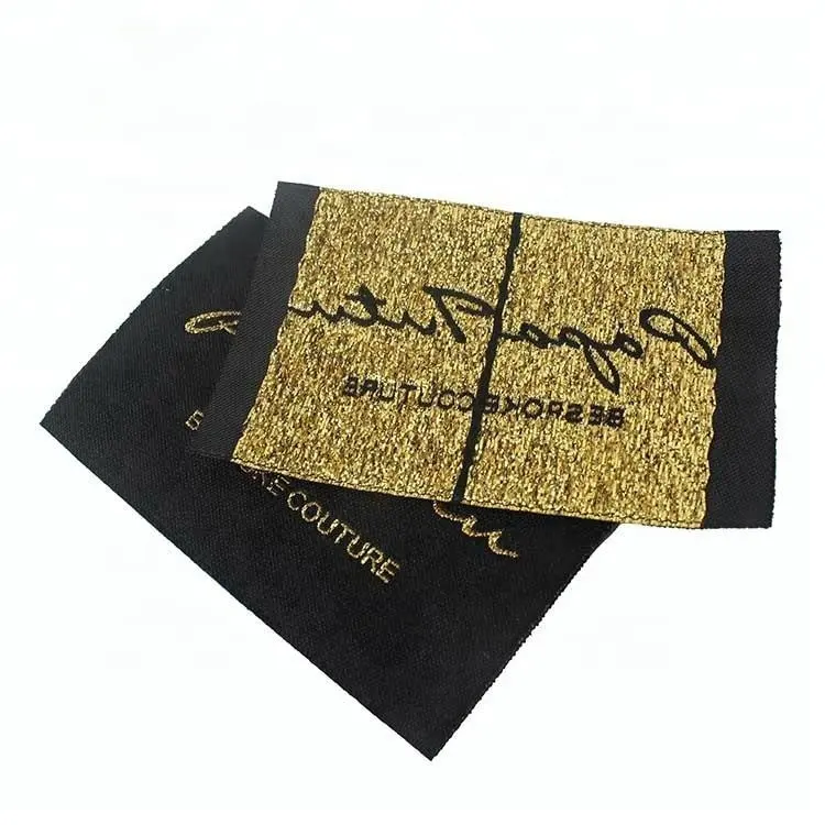 Etiquetas de tela de fábrica, diseño de hilo metálico dorado, Damasco personalizado, Etiquetas tejidas de alta densidad para ropa