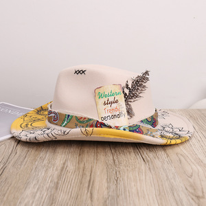 Chapeau de <span class=keywords><strong>cowboy</strong></span> occidental pour hommes et femmes, design original, accessoires en plumes, chapeaux Fedora imprimés en laine, chapeau de <span class=keywords><strong>cowboy</strong></span> de fête - Product Image 5