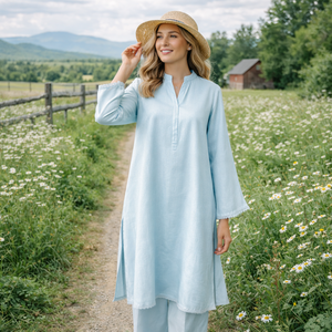 Set <span class=keywords><strong>Due</strong></span> Pezzi Personalizzato da Donna in Misto Lino e Cotone con Scollo a V, Tunica Lunga con Spacco Laterale e Pantaloni a Gamba Dritta con Finiture in Pizzo - Product Image 4