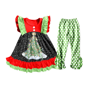 Milk Silk Girls 2 Piece Outfit, Flutter/Long Sleeve Ruffle <b>Dress</b> with Ruffle Pants, Toddler Holiday Printed Set - Product Image 3