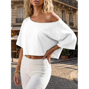 Custom <b>Womens</b> Off Shoulder Cropped <b>Top</b> Batwing Sleeve Asymmetrical Neck Yoga <b>Top</b> Summer Casual White Cotton Quick Dry - Product Image 3