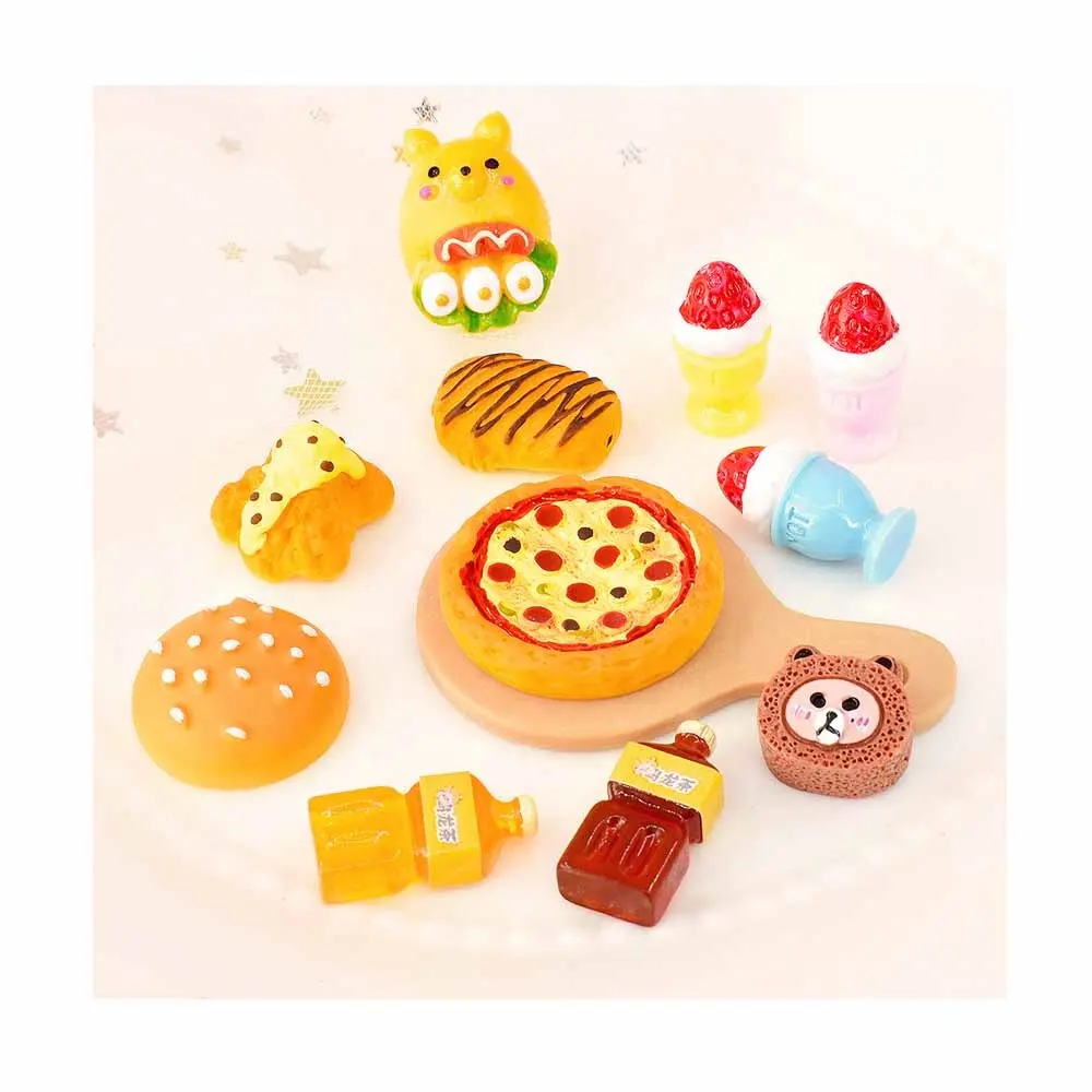 HENGXIN मज़ा खाद्य खिलौने रोटी बर्गर पिज्जा केक रोल खीर कप Oolong चाय खाद्य ट्रे राल आकर्षण के लिए कीचड़ गुड़ियाघर फोन DIY