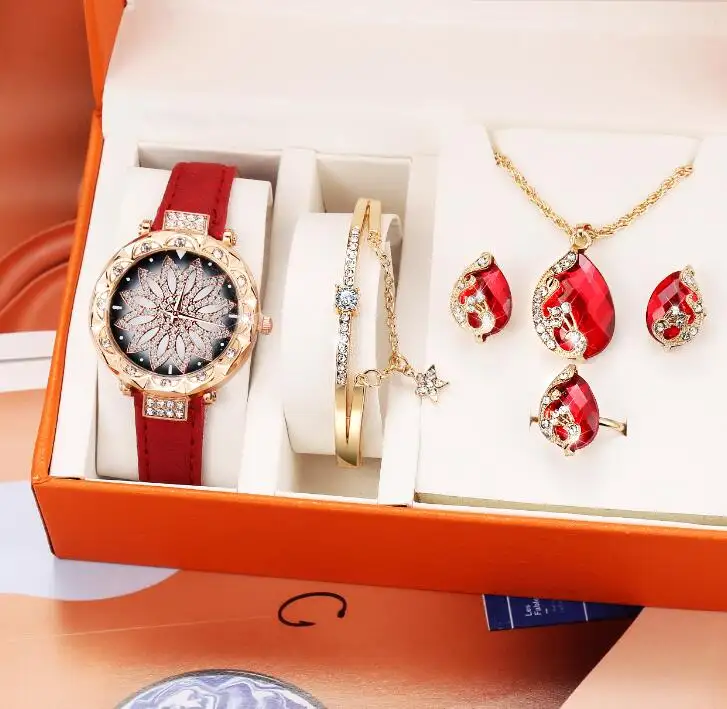 17KM Hot Selling 6 Pcs PU Watch Set Colorful Drop Pendants Earrings Bangle Jewelry Set for Women