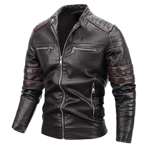 Chaqueta de Motociclista para Hombre, Estilo Casual, Cuello Alto, Cierre de Cremallera, Color Negro y Rojo, Cuero PU a Rayas, con Bolsillos, para Invierno - Product Image 1